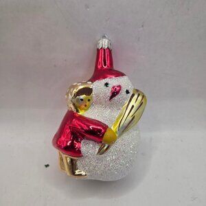 Vintage Glass Snowman Ornament Child Hugging Broom Shiny Glitter Holidaypollamd